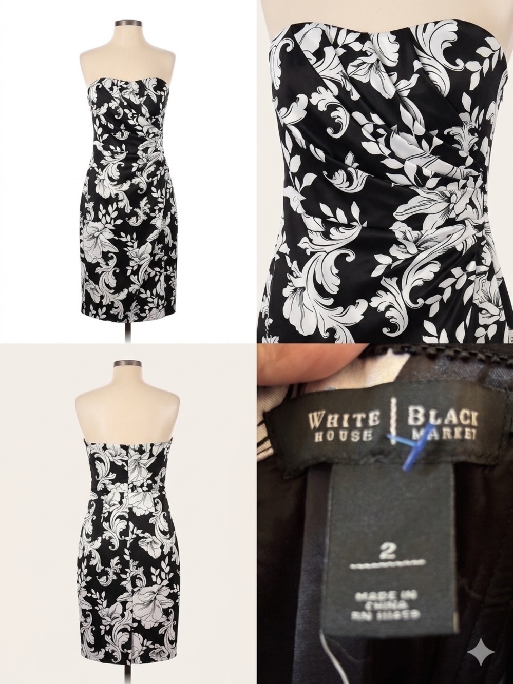 White House Black Market Black and White Strapless Floral Sheath Dress - Picture 2 of 8